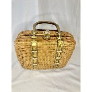 Vintage Wicker Woven Purse Handbag Lucite Bakelite Stylecraft 50’s 60’s Cottage